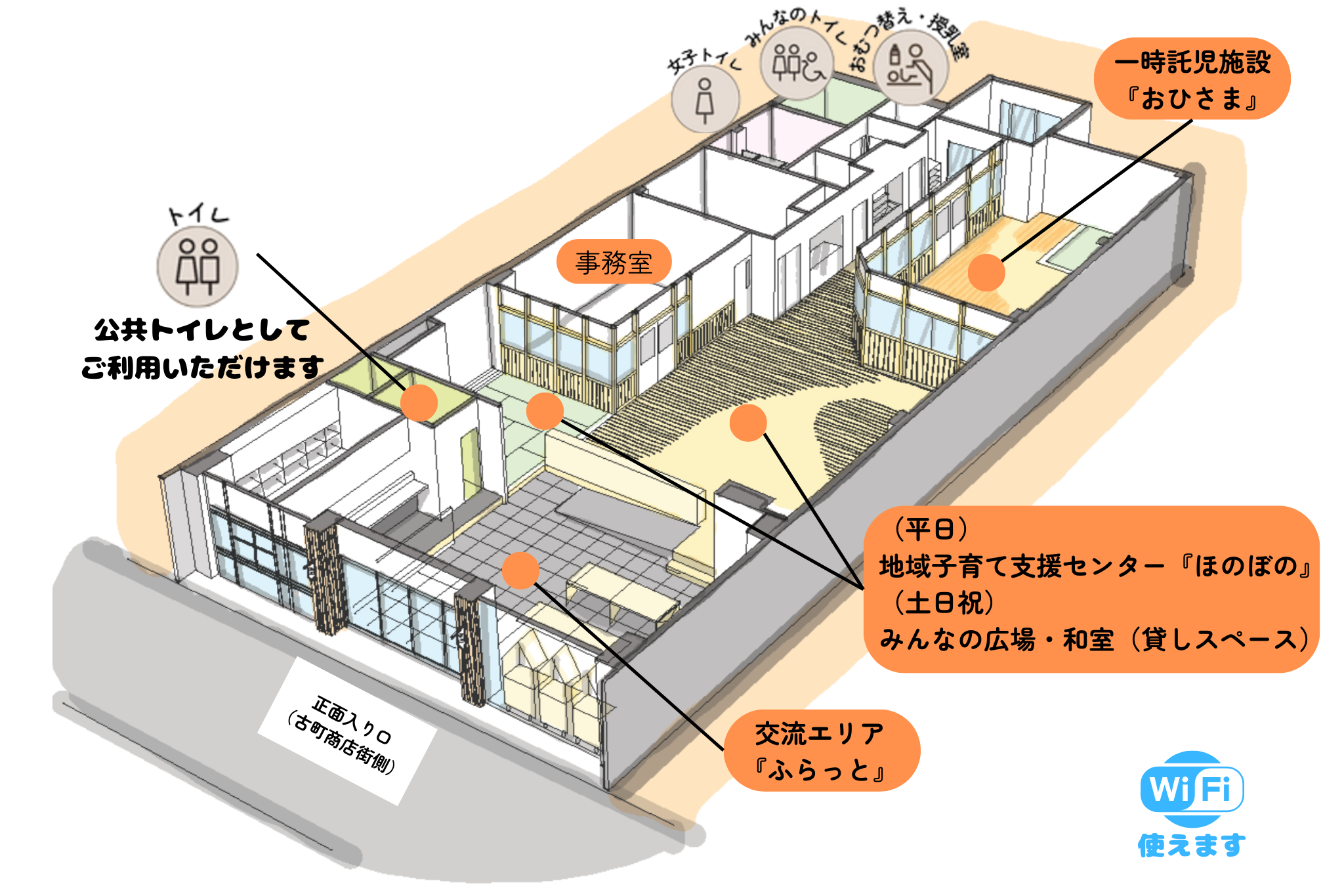 ここっちゃのトイレは公共トイレとして利用いただけます。Wi-Fiが使えます。