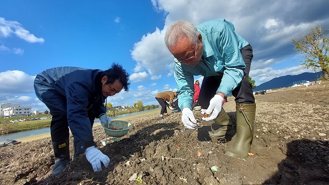 球根を植える大塚市長(右)
