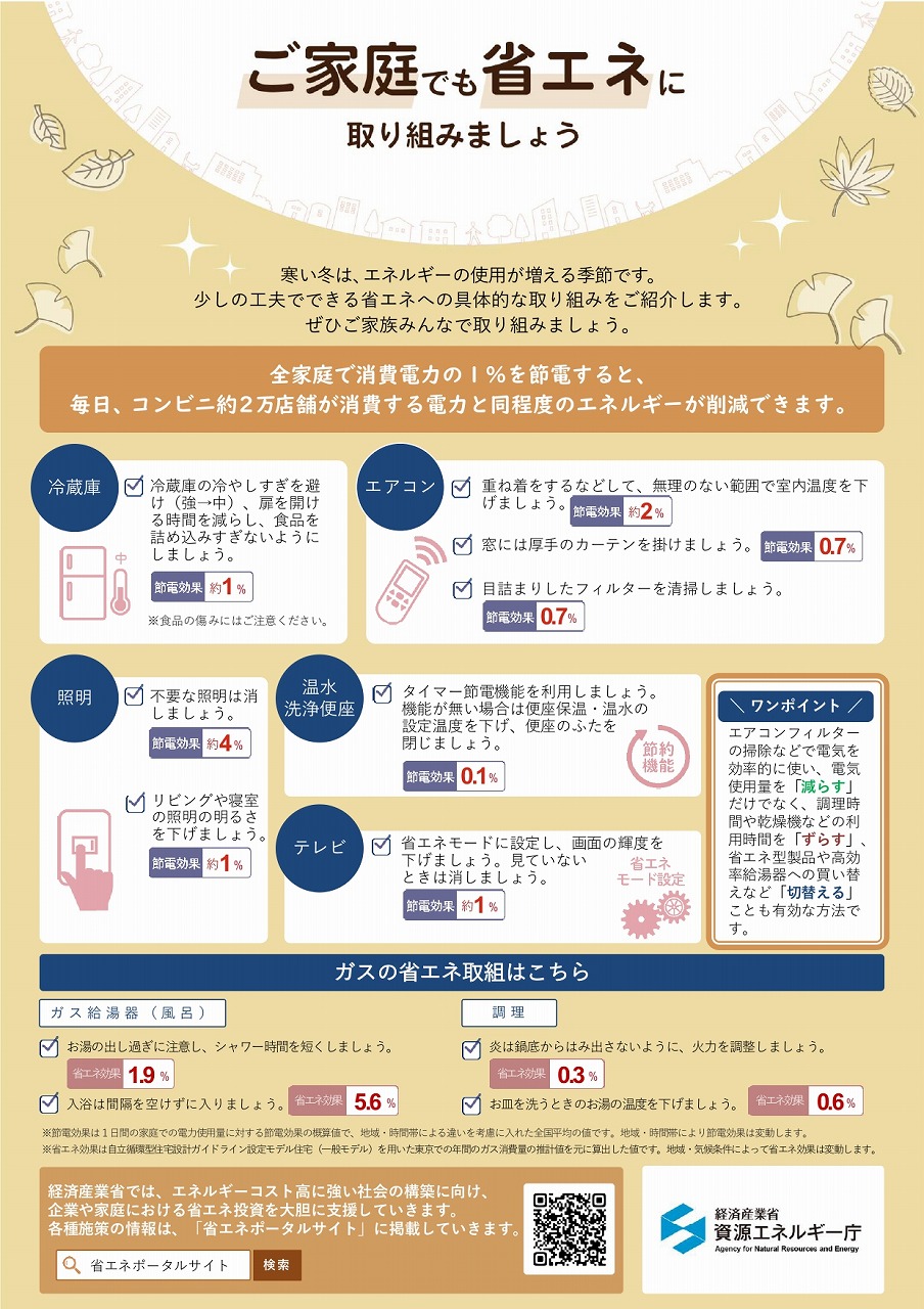家庭向け冬季の省エネ対策についてのリーフレット